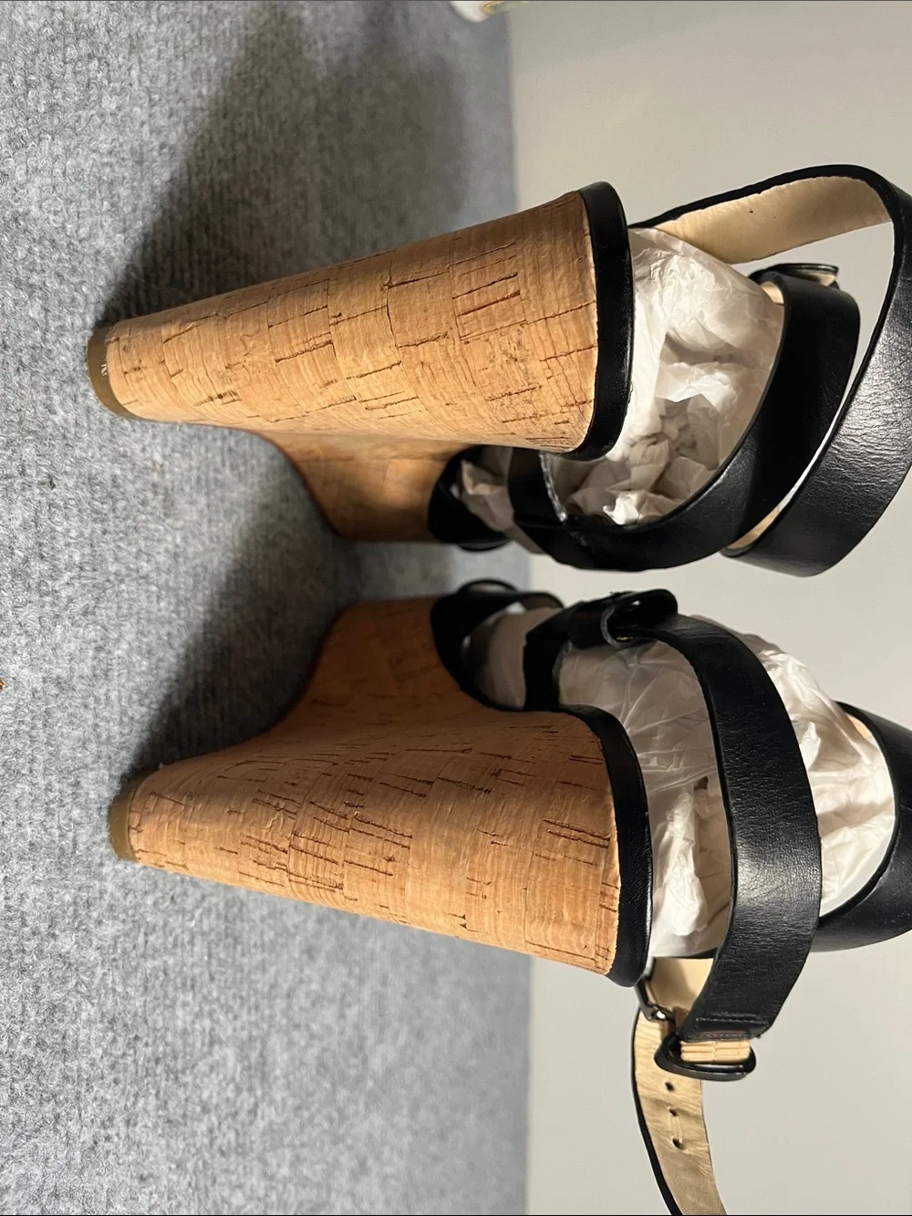 Coach Black Leather Cork Platform Heeled Sandals